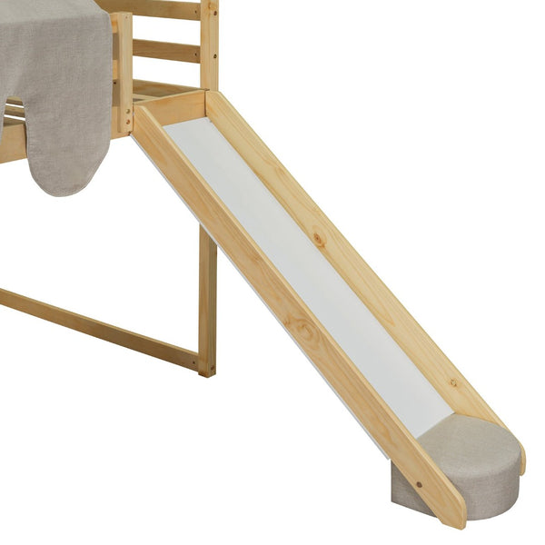 English Elm Full Size Kids House Loft Bed Pinewood Frame with Tent Slide and Play Storage Natural LT000683AAD