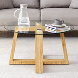 English Elm Modern Practical Circular Coffee Tables. Made Of Transparent Tempered Glass Tabletop and Wood Colored Mdf Material. Suitable For Living Rooms and Bedrooms.31.5"*31.5"*17.7"