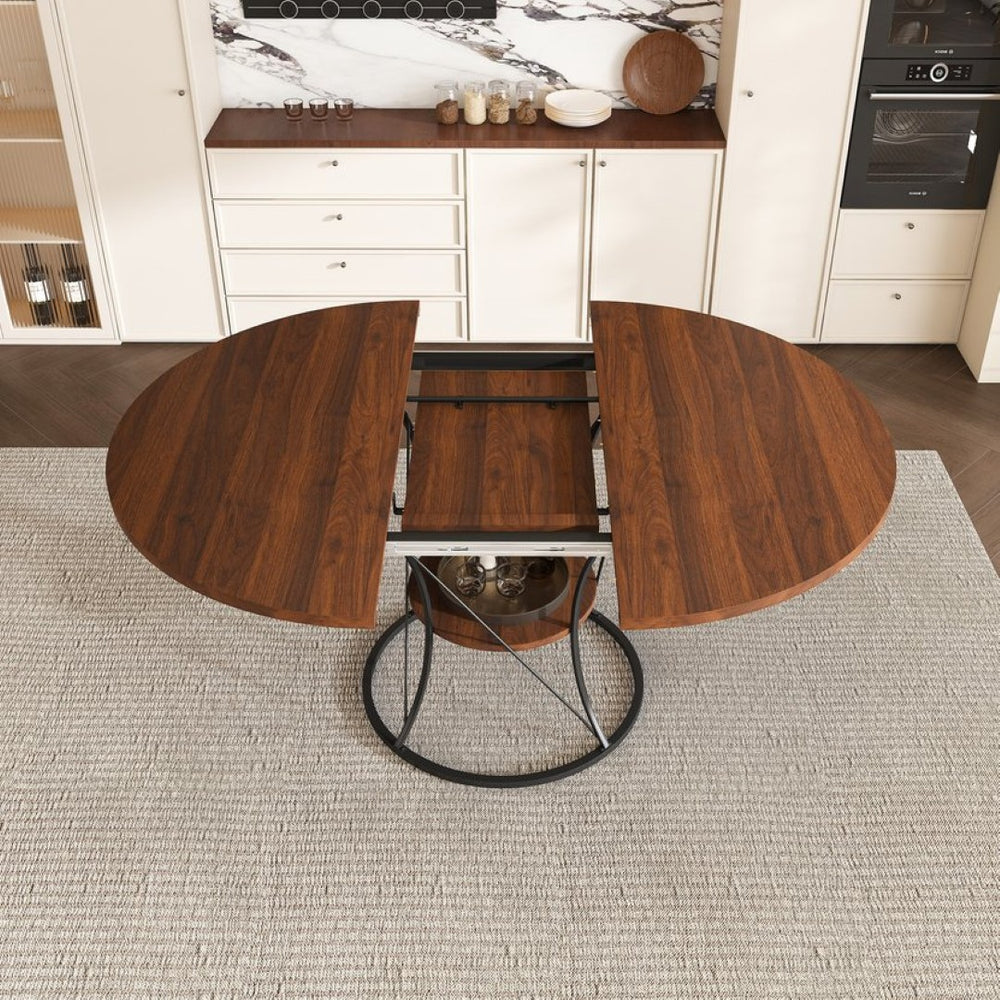 English Elm 43 Inch Expandable Round Dining Table Walnut Veneer Seats Six with Metal Storage Shelf Walnut+Black W2700P411580