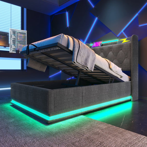 English Elm Twin Upholstered Bed with Hydraulic Storage, Surround LED, App/Remote Control & USB Type-C Charging Gray N736P188805G