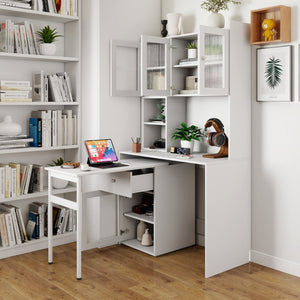 English Elm Computer Desk with Glass Doors and Hutch, Spacious 4-Cabinet Storage, Drawer & Rotating Top White W331S00194