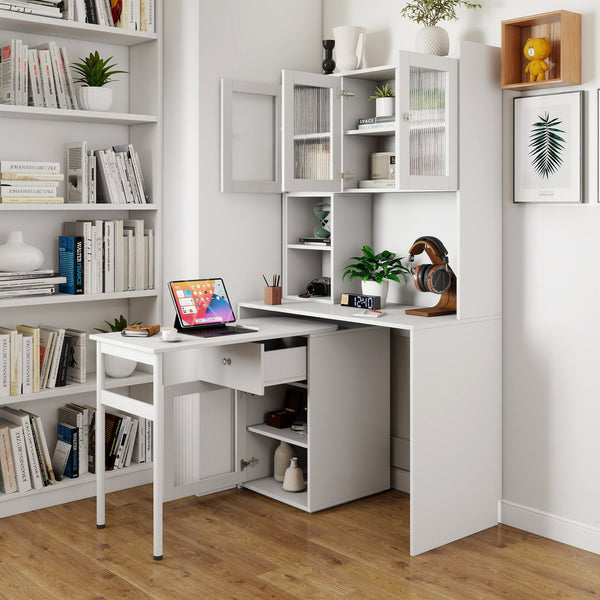 English Elm Computer Desk with Glass Doors and Hutch, Spacious 4-Cabinet Storage, Drawer & Rotating Top White W331S00194