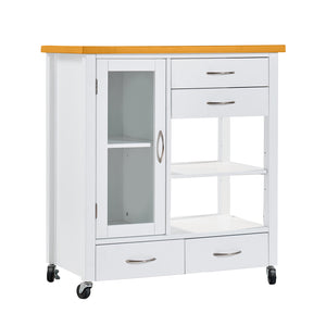 English Elm Kitchen Island Cart Ameican White Oak Top with Glass Door, Drawers, Towel Bar & Locking Wheels, Modern W3417P329701