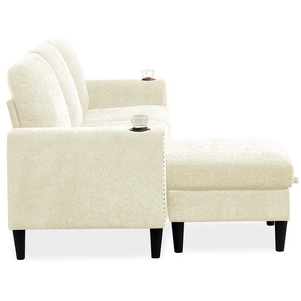 English Elm Modern Chenille 3-Seat L-Shape Sectional Sofa with Storage Chaise, High-Resilience Foam Comfort, Off-White Finish for Apartment Studio Living Room Office Compact Spaces W1164P212157