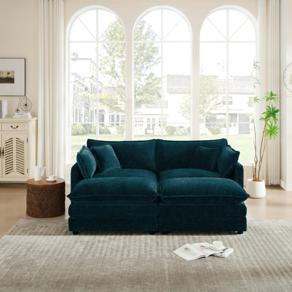 English Elm 4 Piece Modular Sectional Sofa Set Blue Chenille Living Room Seating with Ottomans W714S00595