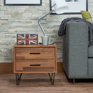 English Elm Deoss Walnut Finish Accent Table with 2 Drawers, Chrome V-Legs, Rectangular Nightstand, 18"x15" Top, 40lb Capacity B2726P278235