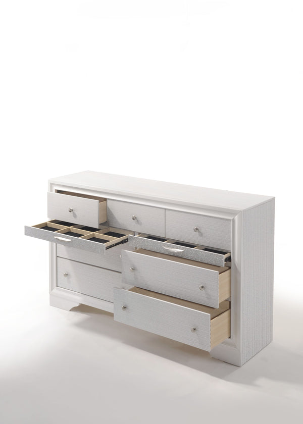 English Elm Naima Textured Finish Dresser with Felt-Lined Jewelry Drawer, Smooth Metal Glides & Silver Pulls White 66 L x 20 W x 43 H B2726P261240