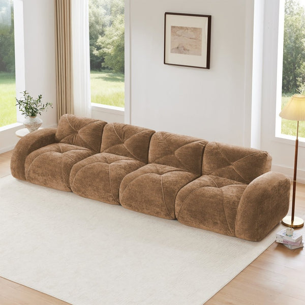 English Elm 140''soft Velvet Modular Cloud Sofa Tufted Plush Seating for Living Room or Home Theater Camel W714S01600