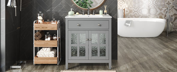 English Elm Christopher Knight Home® - 30" Bathroom Vanity with Ceramic Sink, Solid Wood Legs, Adjustable Shelf, Tip-Out Tray, Soft-Close Hinges, Silver Knobs, Moisture-Resistant Finish Gray N817P286250G