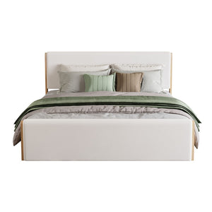 English Elm King Platform Bed Natural Wood Frame Beige Upholstered Low Profile No Box Spring N758K909697N