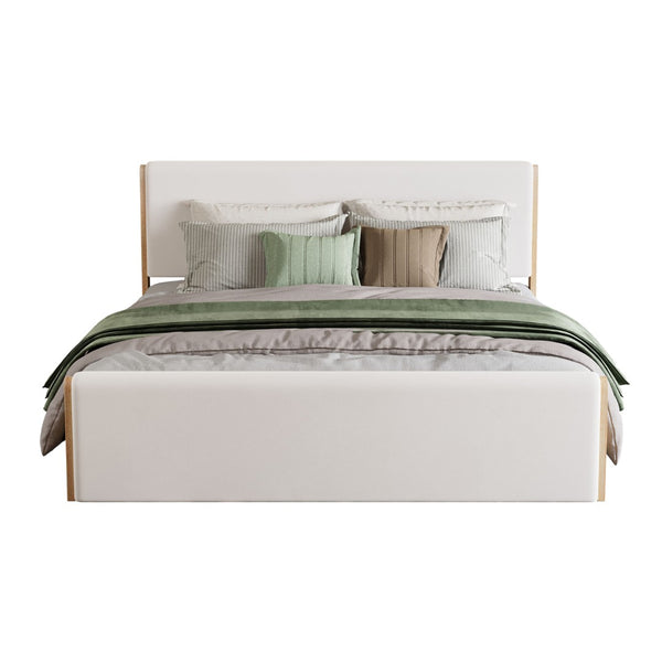 English Elm King Platform Bed Natural Wood Frame Beige Upholstered Low Profile No Box Spring N758K909697N