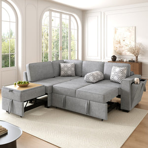 English Elm Convertible Sectional Sofa Bed with Dual Pull-Out Sleepers, Flip-Top Table, USB Ports & Storage Light Gray N719S002090E