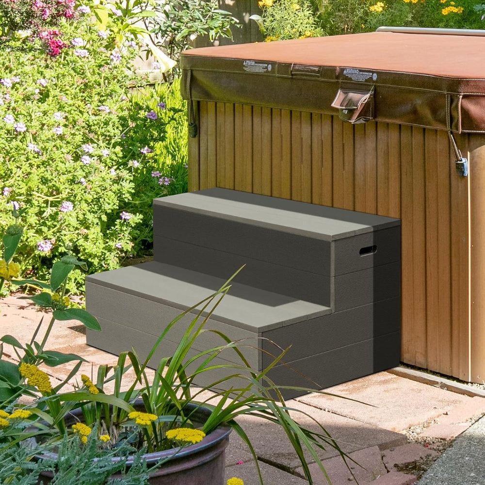 English Elm Hot Tub Aluminum Spa Steps with Wpc Wood Grain Treads and Side Handles 600lb Rated W1859P427405
