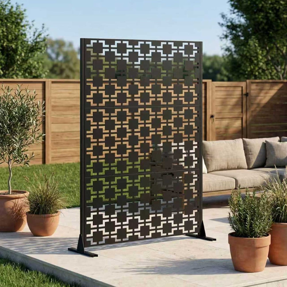 English Elm Metal Freestanding Privacy Screen Geometric Powder Coated Outdoor Patio Divider Panel W347P421271