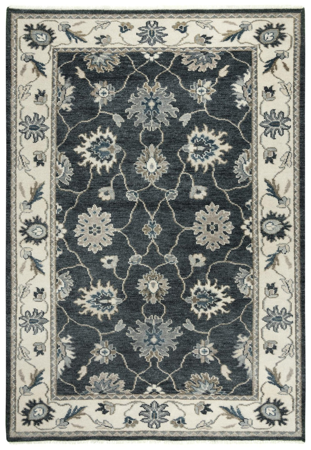 Alora Decor Mila Black & Charcoal Transitional Hand-Knotted Rug With Persian Motifs, Durable Wool-Tencel Blend 6' x 9' 02702710716370609