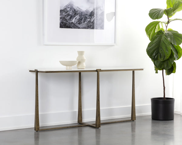 Sunpan Cowell Console Table - Chic Mid-Century Design with Unique White Marble Top & Antique Brass Legs