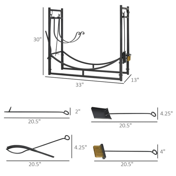 English Elm Rack Two Tier Steel Firewood Holder with Four Piece Tool Set for Hearth or Patio T3971P386365