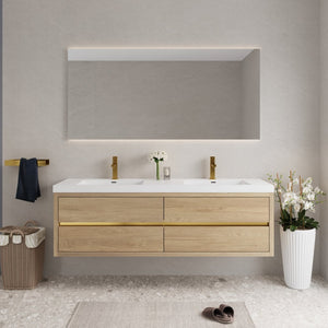 English Elm Wall-mounted Oak Floating Vanity with Stone Resin Sink and Soft Close Storage W1573S00107