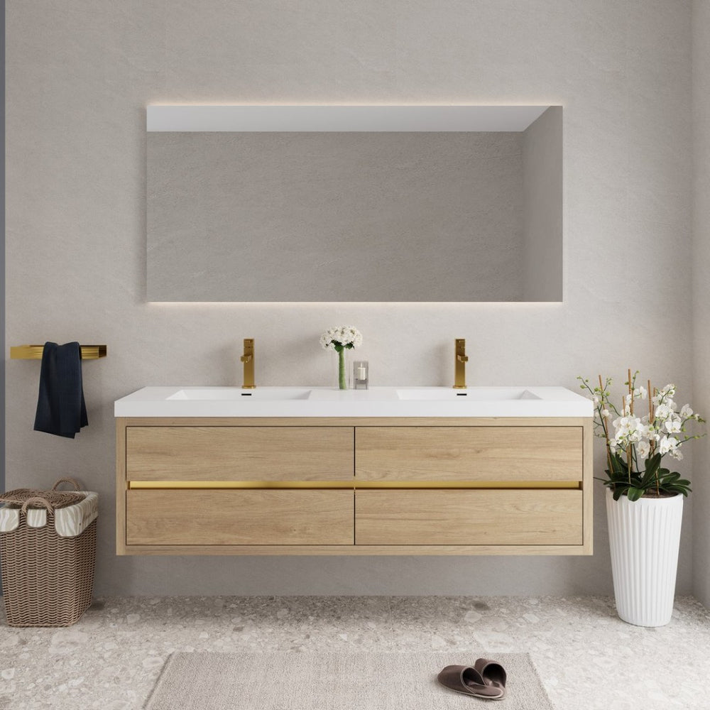 English Elm 72" Floating Double Sink Vanity Glossy White Stone Resin Top Soft Close Storage W1573P211189
