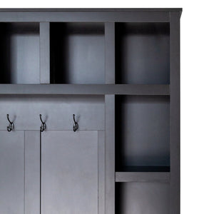 English Elm On-Trend Farmhouse Hall Tree With 6 Hooks & Storage Bench – 4-In-1 Entryway Organizer In Walnut & Black N721S000044B-GIGA