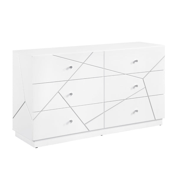 English Elm Glamorous Six Drawer White Dresser Etched Geometric Front Chrome Knobs Bedroom B011P429134