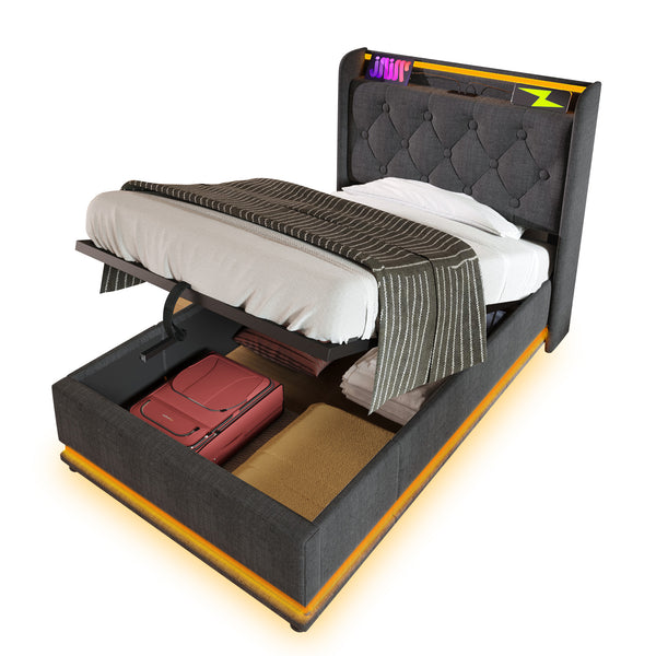English Elm Twin Upholstered Bed with Hydraulic Storage, Surround LED, App/Remote Control & USB Type-C Charging Gray N736P188805G