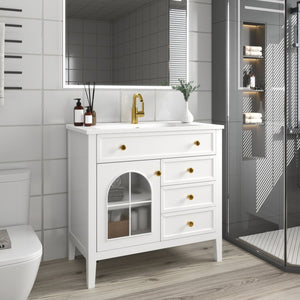 English Elm 35.6" Freestanding Bathroom Vanity with Roman Column Base and Ceramic Integrated Sink White W1801S00011