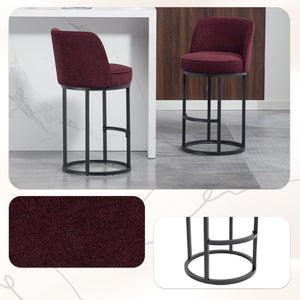 English Elm Counter Height Barstools Set of 2 Linen Upholstered Barrel Seat with Iron Legs Wine Red W395P410434