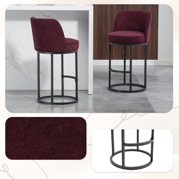 English Elm Counter Height Barstools Set of 2 Linen Upholstered Barrel Seat with Iron Legs Wine Red W395P410434