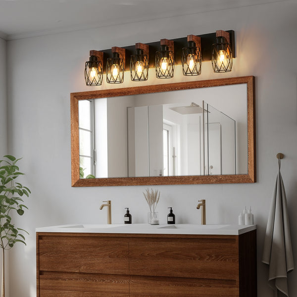 English Elm 38" Industrial Vintage 6-Light Wall Sconce Black Cage with Walnut Wood Accents for Bathroom Hallway Loft Ambience W2312P374840