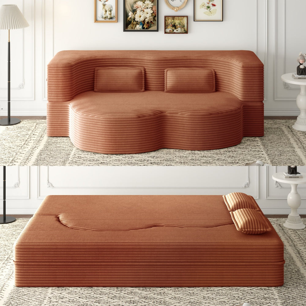 English Elm Modern Full Size Folding Sofa Bed Plush Corduroy Convertible Sleeper with 2 Pillows Foam-Filled 15" Mattress Orange W1885P369589