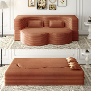 English Elm Modern Full Size Folding Sofa Bed Plush Corduroy Convertible Sleeper with 2 Pillows Foam-Filled 15" Mattress Orange W1885P369589