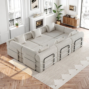 English Elm 6-seater Chenille Floor Sofa Bed with Storage Pockets Convertible Recliner Lounge W3505S00006