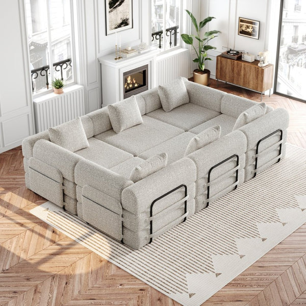 English Elm 6-seater Chenille Floor Sofa Bed with Storage Pockets Convertible Recliner Lounge W3505S00006