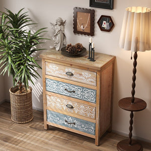 English Elm Vintage Bohemian Four Drawer Chest Distressed Solid Wood Floral Scroll Bedroom Storage W2295P414113