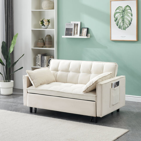 English Elm Modern Velvet Sofa Pull-Out Bed 3-in-1 Convertible Love Seat with Pillows, Spacious 500lb Support Beige W3371P314973