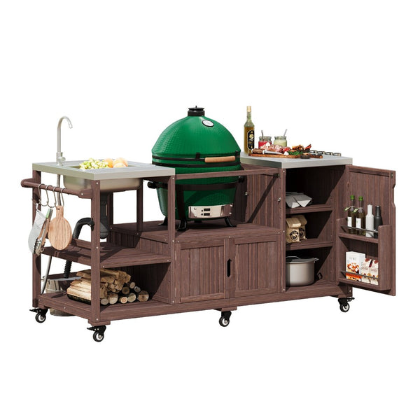 English Elm K&k Solid Fir Outdoor Kitchen Island with Sink Stainless Steel Top and Grill Cutout Brown N707S000022Z