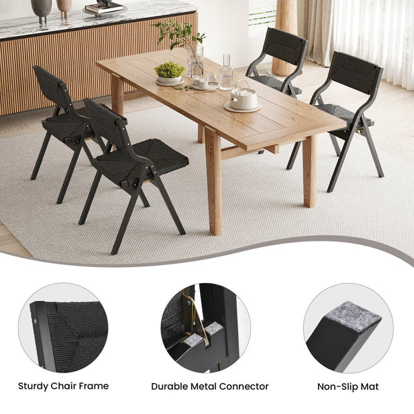 English Elm Wood Foldable Dining Chair Set of 2 with Woven Rattan Seat, Teak Finish, Comfortable Padded Design Black T3623P380481