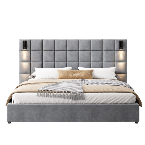 English Elm Upholstered King Bed Wide Velvet Headboard Built-in Reading Lamps and Usb Ports N757K200132G