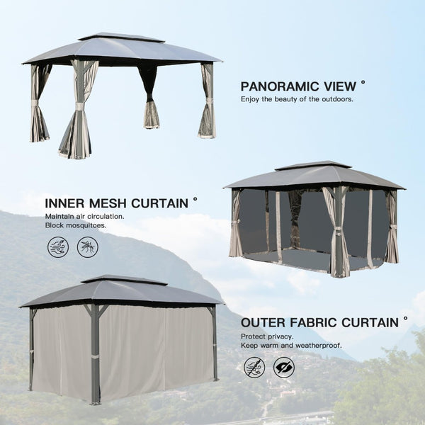 English Elm Gazebo 10x14 Ft Outdoor Steel Frame Canopy with Dual Roof Netting and Privacy Curtains W1859S00082