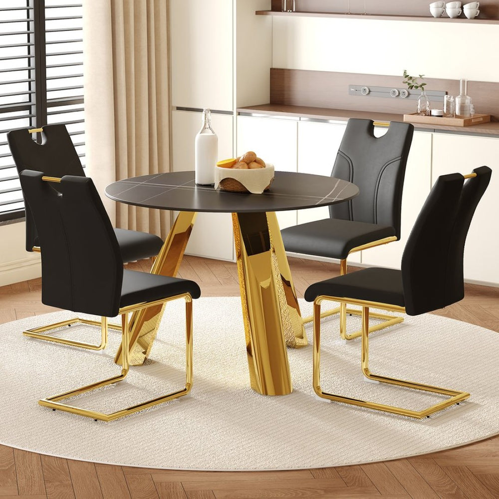 English Elm Table Set - Luxurious 42-Inch Round Dining Table With 4 Black Chairs And Golden Metal Legs For Modern Homes W2920S00043-GIGA
