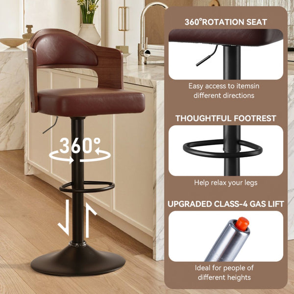 English Elm Swivel Bar Stools Set Of 2 - Adjustable Height 24.5-33.5" Kitchen Chairs With Pu Leather & Backrest T3950P394219-GIGA