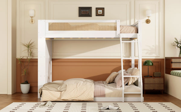 English Elm Twin Over Full Bunk Bed with Cane Guardrail Led Lighting and Built-in Bookshelf White LT000351AAK