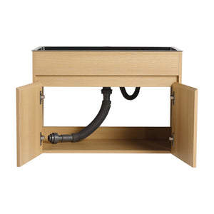 English Elm 28" Wall Mounted Bathroom Vanity with Gun-Gray Stainless Sink, Soft-Close Doors, Plywood, Oak Finish, KD W999P376889