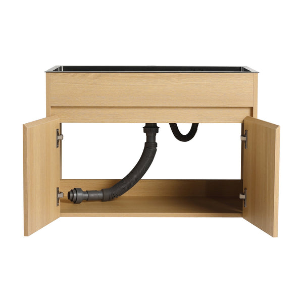 English Elm 28" Wall Mounted Bathroom Vanity with Gun-Gray Stainless Sink, Soft-Close Doors, Plywood, Oak Finish, KD W999P376889