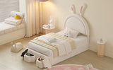 English Elm Twin Size Upholstered Rabbit-Shape Bed With 2 Storage Stools, Velvet Platform Bed With Cartoon Ears Shaped Headboard, White