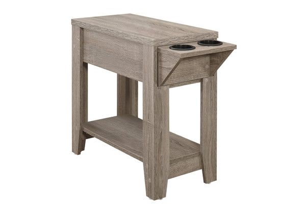 English Elm Accent Table Compact Side End with Drop-Down Cup Holder, Hidden Drawer & Shelf in Brown Laminate Finish taupe 28 L x 16 W x 8 H B2710P219220