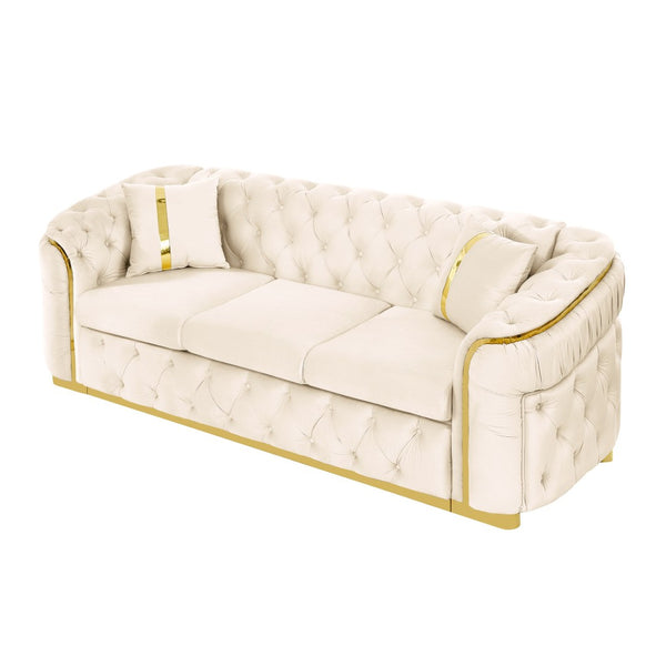 English Elm 2pcs Italian Velvet Chesterfield Sofa Set Tufted Three Seater with Gold Steel Legs Beige W1191S00044