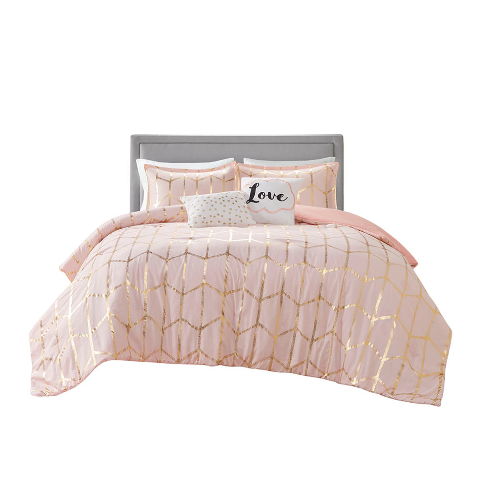 JLA Home Intelligent Design - Metallic Raina Comforter Set with Geometric Metallic Print, Ultra-Soft Microfiber, Embroidered Pillows, Antimicrobial Protection Blush/Gold ID10-1247