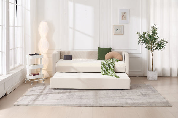 English Elm Twin Velvet Upholstered Daybed with Trundle, V-Pattern Backrest, USB Port, Side Pockets, Sturdy Design Beige W1361S00041